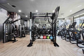A gym with a variety of equipment including weights and cardio machines.